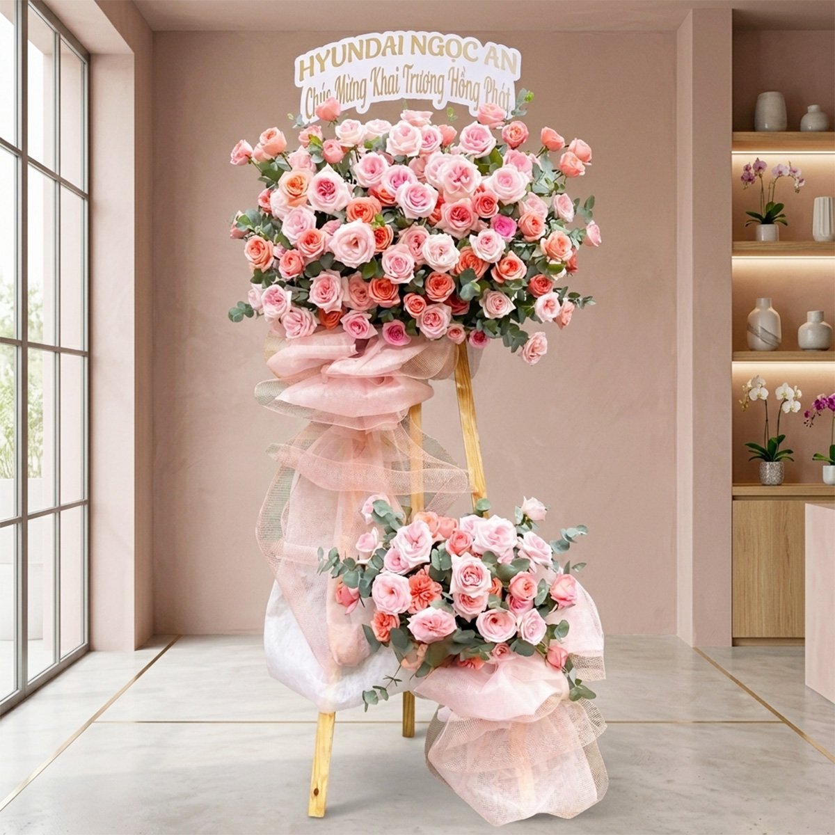 Kệ Hoa Mừng Khai Trương Hồng Ph&aacute;t Tone Hồng Ngọt Ng&agrave;o 2 Tầng Hiện Đại