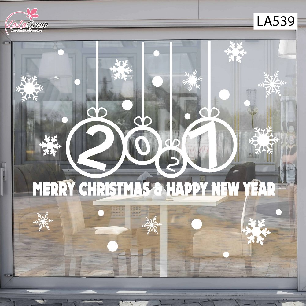 Decal trang tr&iacute; Noel Merry christmas & Happy new year 2027 chữ trắng