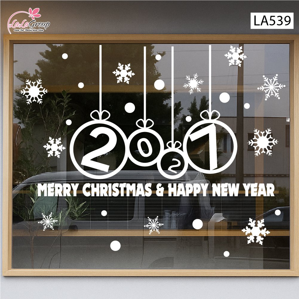 Decal trang tr&iacute; Noel Merry christmas & Happy new year 2027 chữ trắng
