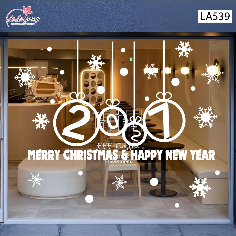 Decal trang tr&iacute; Noel Merry christmas & Happy new year 2027 chữ trắng