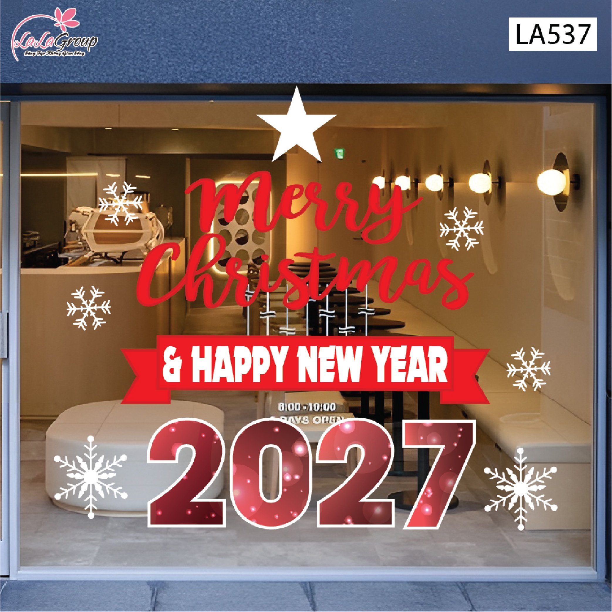 Decal trang tr&iacute; Noel Merry christmas & Happy new year 2027 chữ đỏ