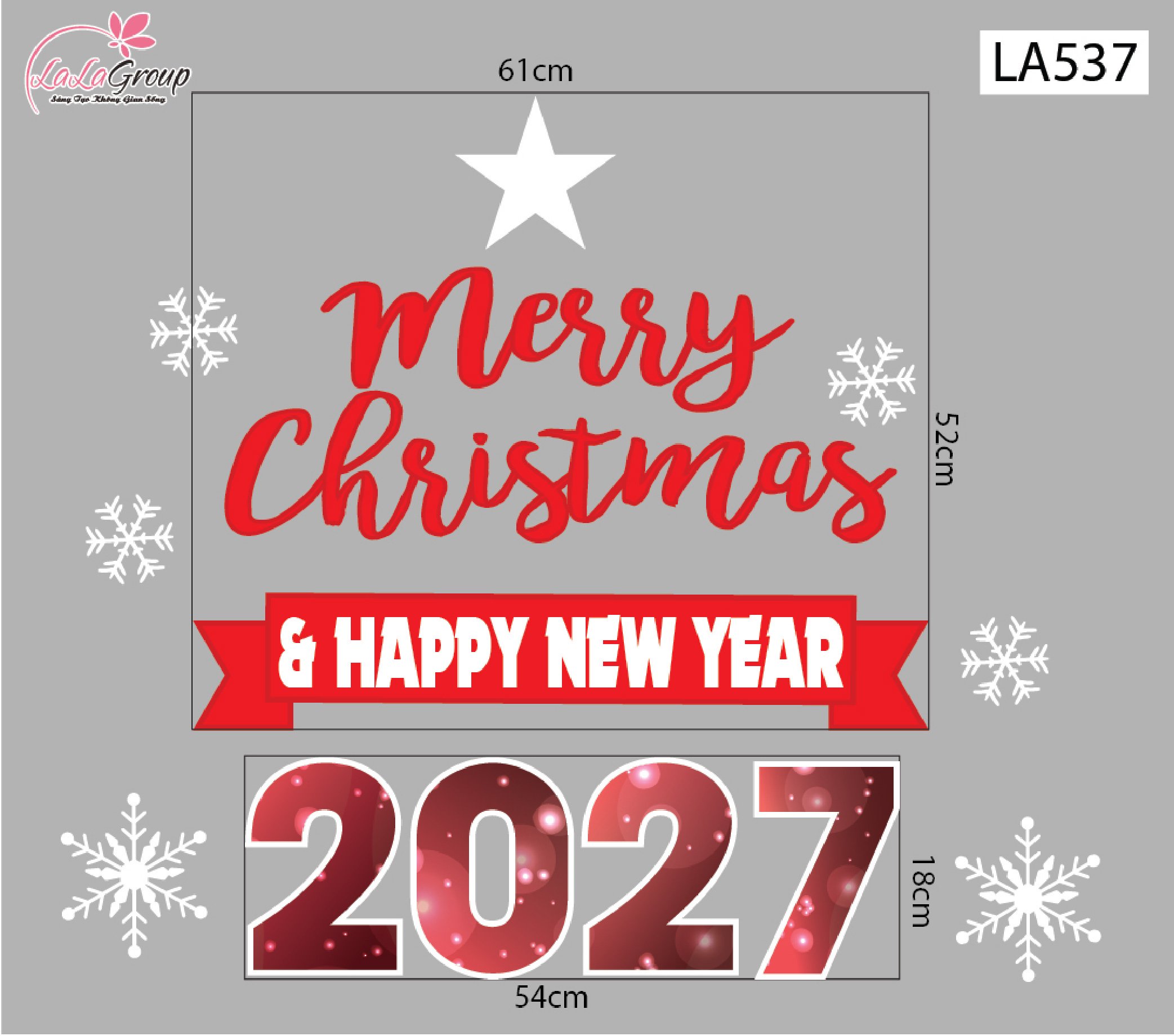 Decal trang tr&iacute; Noel Merry christmas & Happy new year 2027 chữ đỏ