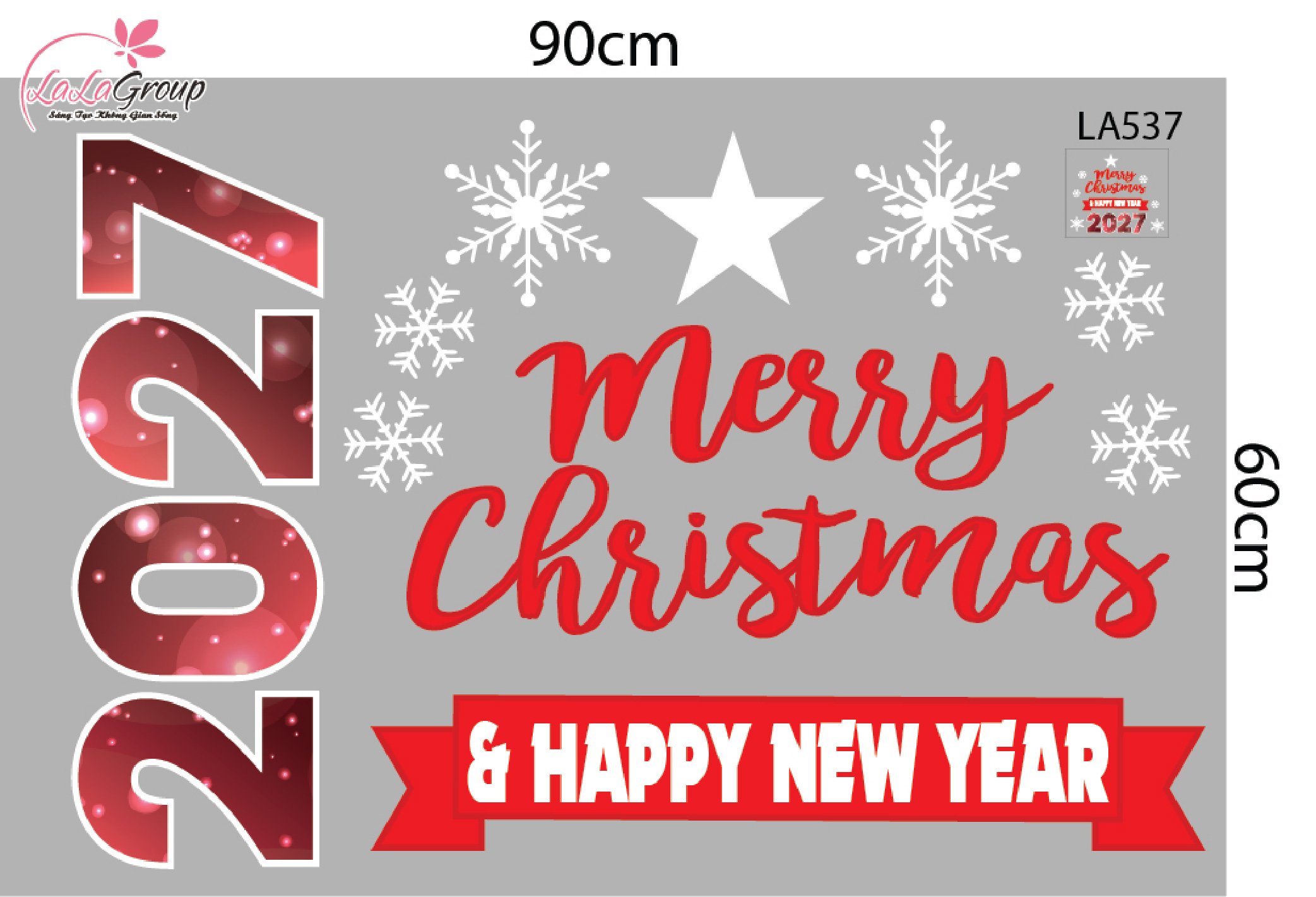 Decal trang tr&iacute; Noel Merry christmas & Happy new year 2027 chữ đỏ
