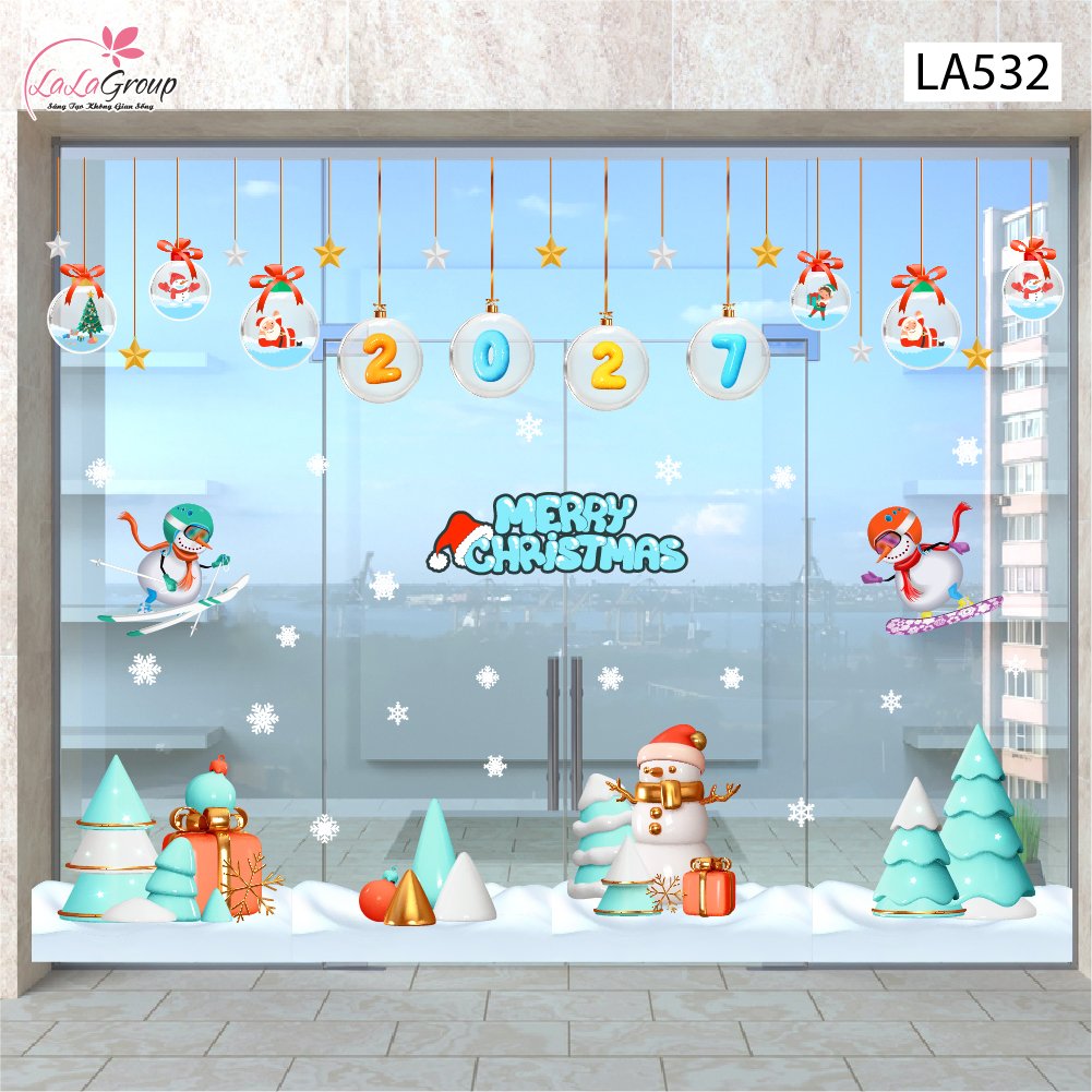 Combo Decal Trang Tr&iacute; Noel D&acirc;y Treo Quả Cầu Thủy Tinh V&agrave; C&acirc;y Th&ocirc;ng Xanh Mint