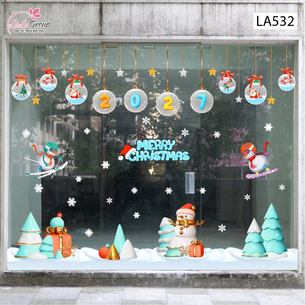 Combo Decal Trang Tr&iacute; Noel D&acirc;y Treo Quả Cầu Thủy Tinh V&agrave; C&acirc;y Th&ocirc;ng Xanh Mint