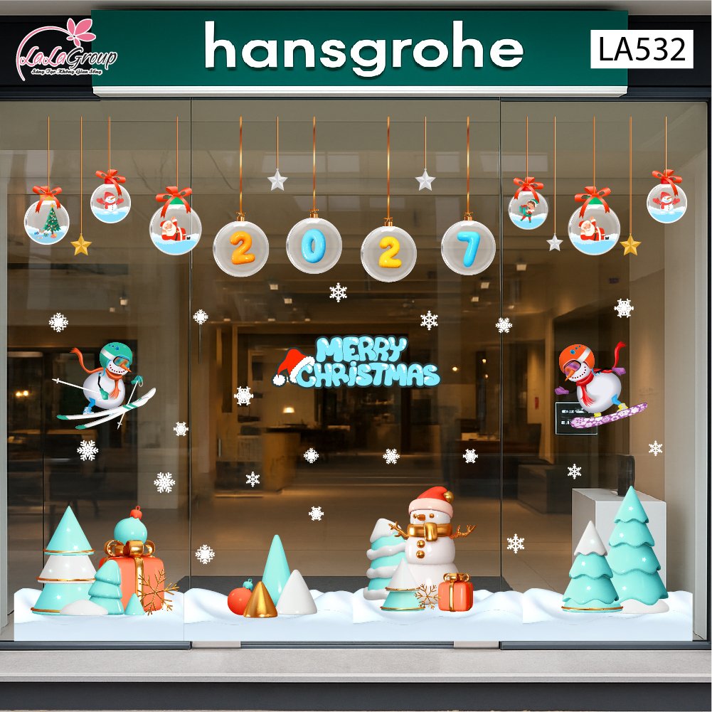 Combo Decal Trang Tr&iacute; Noel D&acirc;y Treo Quả Cầu Thủy Tinh V&agrave; C&acirc;y Th&ocirc;ng Xanh Mint