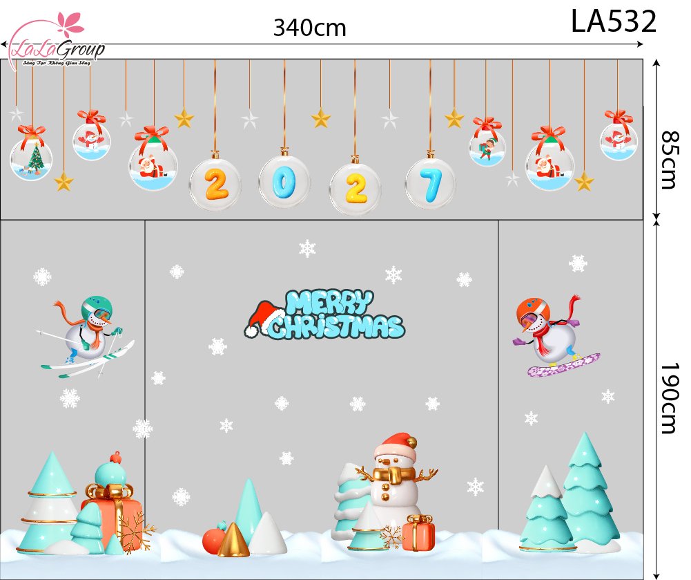 Combo Decal Trang Tr&iacute; Noel D&acirc;y Treo Quả Cầu Thủy Tinh V&agrave; C&acirc;y Th&ocirc;ng Xanh Mint