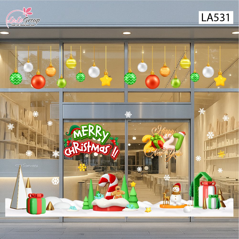 Combo Decal Trang Tr&iacute; Noel Merry Christmas C&acirc;y Kẹo Khổng Lồ V&agrave; Những Hộp Qu&agrave;