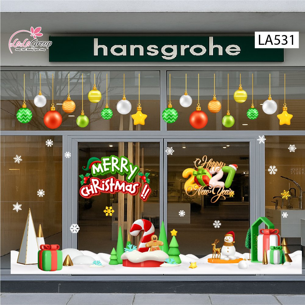 Combo Decal Trang Tr&iacute; Noel Merry Christmas C&acirc;y Kẹo Khổng Lồ V&agrave; Những Hộp Qu&agrave;