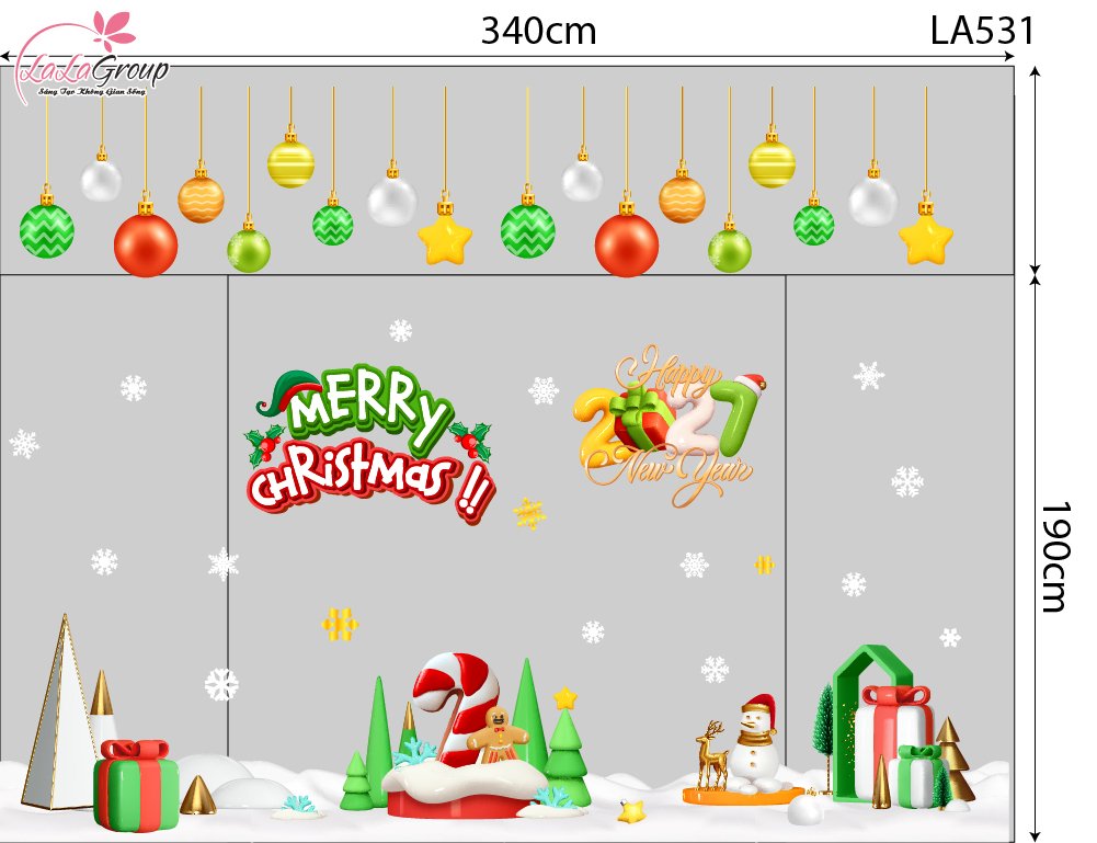 Combo Decal Trang Tr&iacute; Noel Merry Christmas C&acirc;y Kẹo Khổng Lồ V&agrave; Những Hộp Qu&agrave;