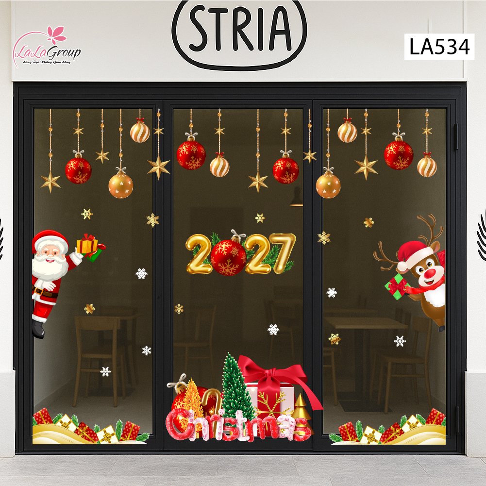 Combo Decal Trang Tr&iacute; Noel Merry Christmas &Ocirc;ng Gi&agrave; Noel V&agrave; Ch&uacute; Tuần Lộc Ph&aacute;t Qu&agrave;