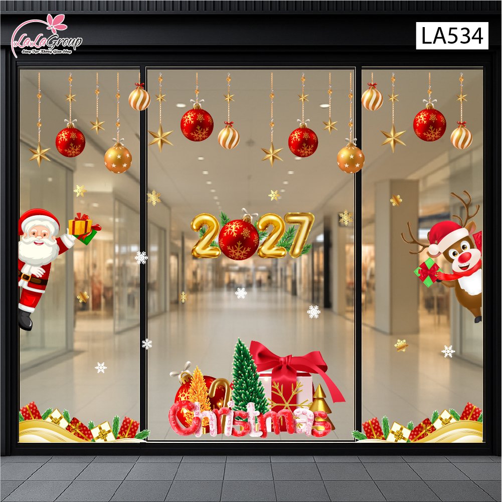 Combo Decal Trang Tr&iacute; Noel Merry Christmas &Ocirc;ng Gi&agrave; Noel V&agrave; Ch&uacute; Tuần Lộc Ph&aacute;t Qu&agrave;
