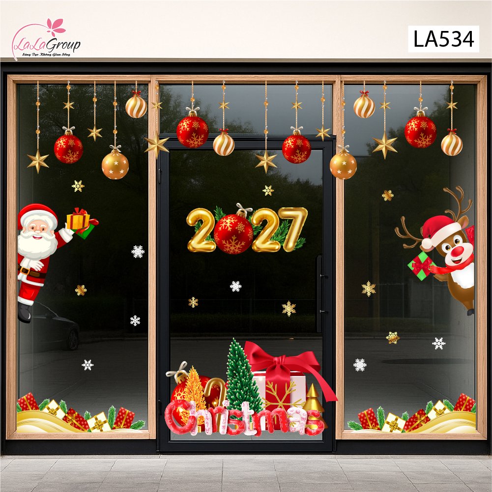 Combo Decal Trang Tr&iacute; Noel Merry Christmas &Ocirc;ng Gi&agrave; Noel V&agrave; Ch&uacute; Tuần Lộc Ph&aacute;t Qu&agrave;