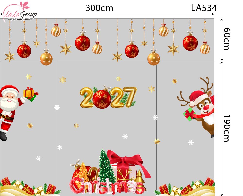 Combo Decal Trang Tr&iacute; Noel Merry Christmas &Ocirc;ng Gi&agrave; Noel V&agrave; Ch&uacute; Tuần Lộc Ph&aacute;t Qu&agrave;