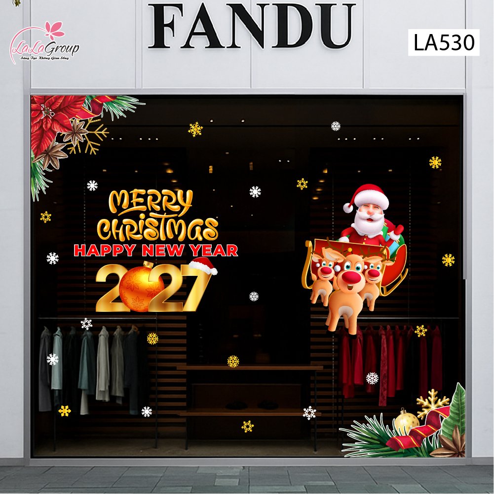 Combo Decal Trang Trí Noel Merry Christmas Ông Già Noel Cưỡi Tuần Lộc Đón Giáng Sinh