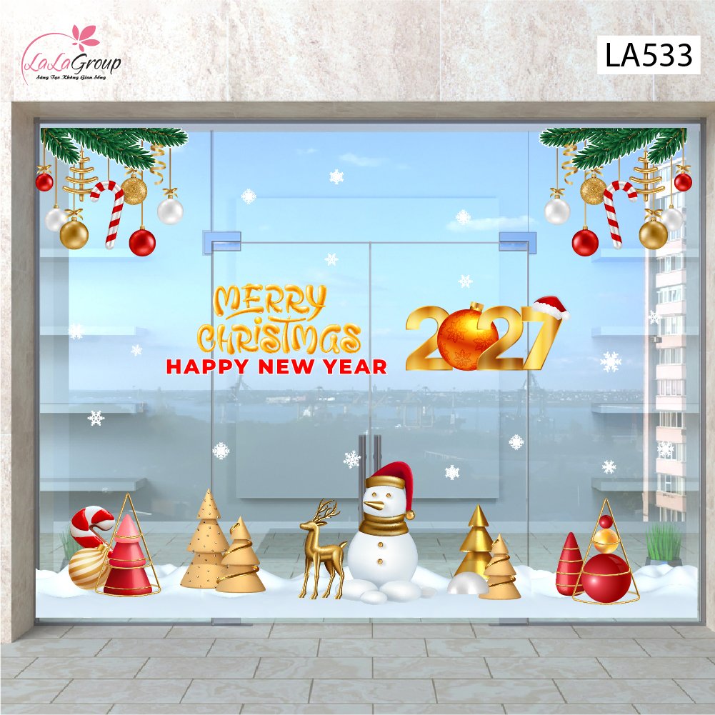 Combo Decal Trang Tr&iacute; Noel Merry Christmas Người Tuyết V&agrave; Tuần Lộc V&agrave;ng