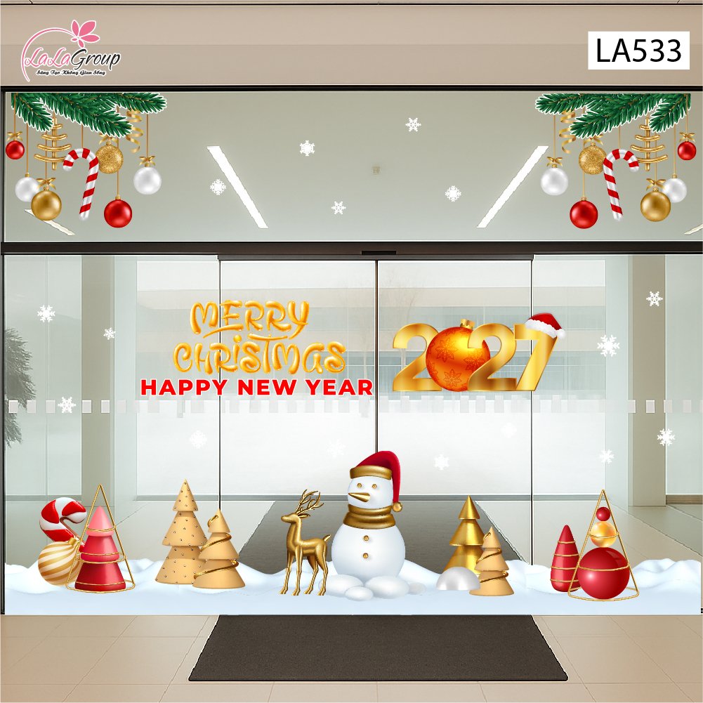 Combo Decal Trang Tr&iacute; Noel Merry Christmas Người Tuyết V&agrave; Tuần Lộc V&agrave;ng