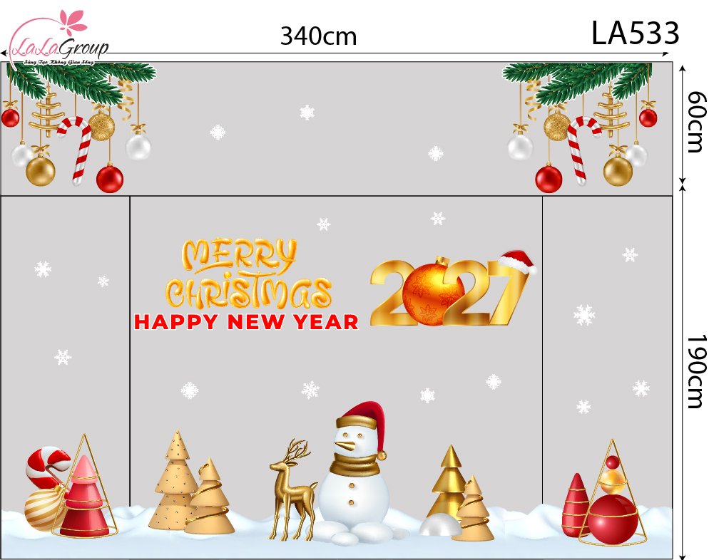 Combo Decal Trang Tr&iacute; Noel Merry Christmas Người Tuyết V&agrave; Tuần Lộc V&agrave;ng