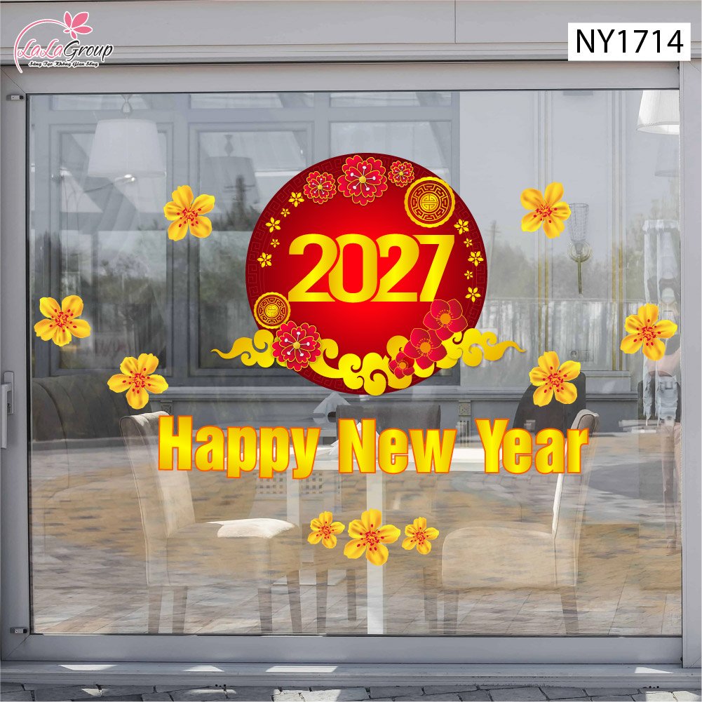 Decal Trang Tr&iacute; Tết Happy New Year 2027 V&agrave; Mai V&agrave;ng