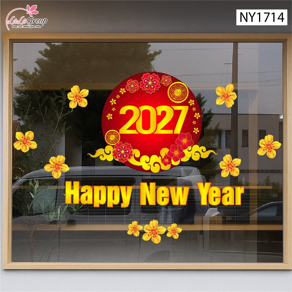 Decal Trang Tr&iacute; Tết Happy New Year 2027 V&agrave; Mai V&agrave;ng