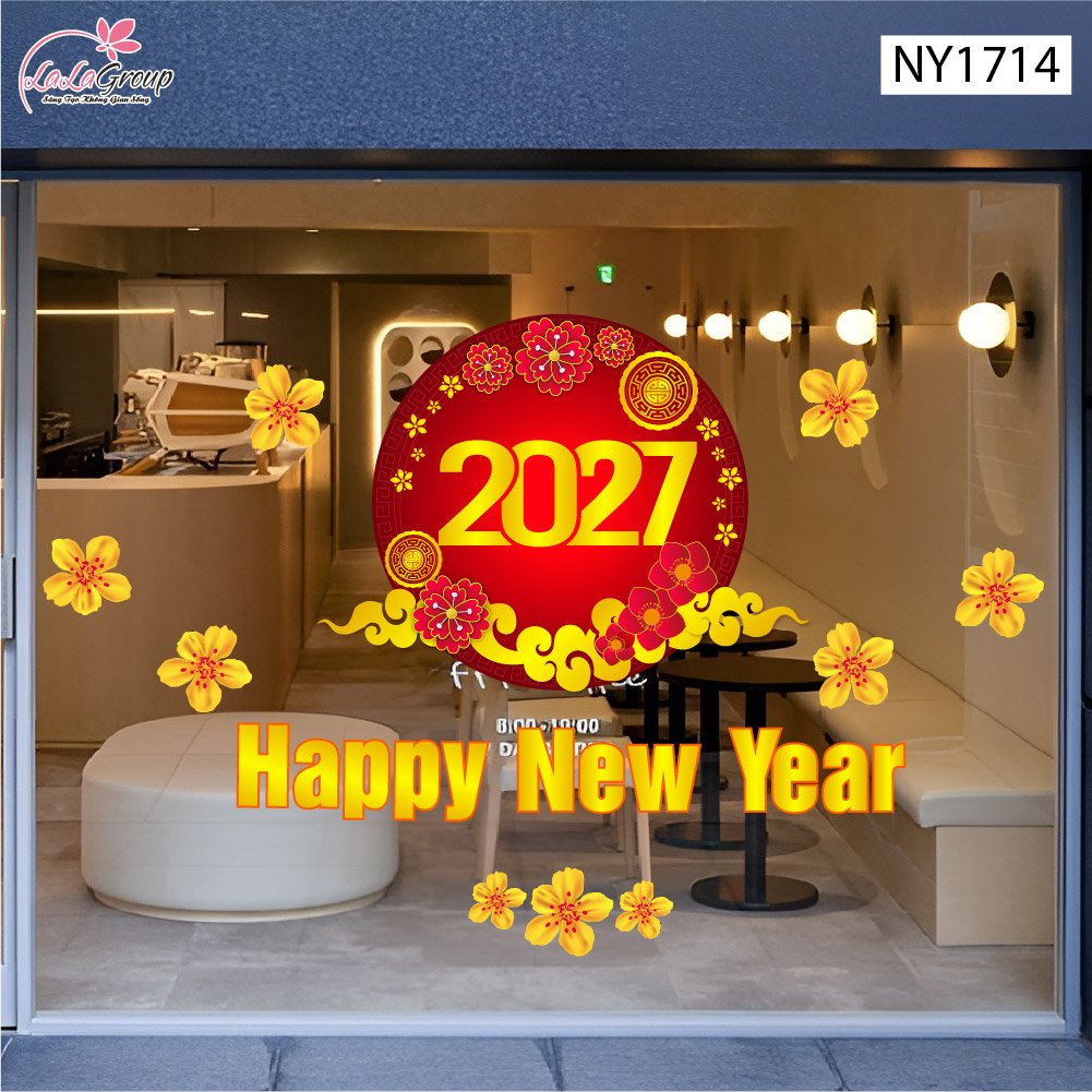 Decal Trang Tr&iacute; Tết Happy New Year 2027 V&agrave; Mai V&agrave;ng