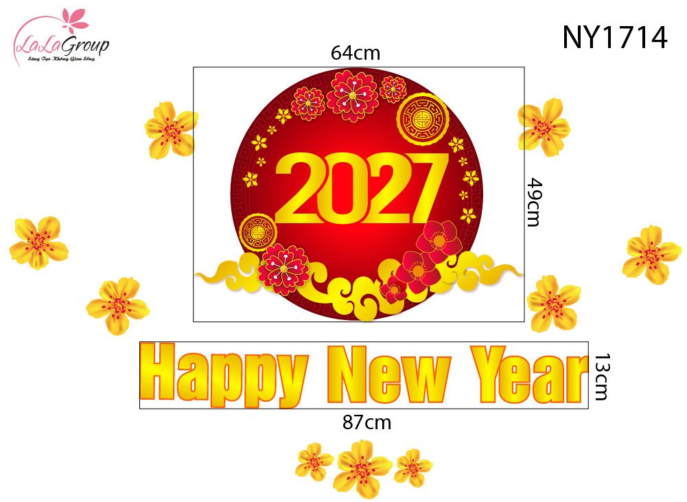 Decal Trang Tr&iacute; Tết Happy New Year 2027 V&agrave; Mai V&agrave;ng