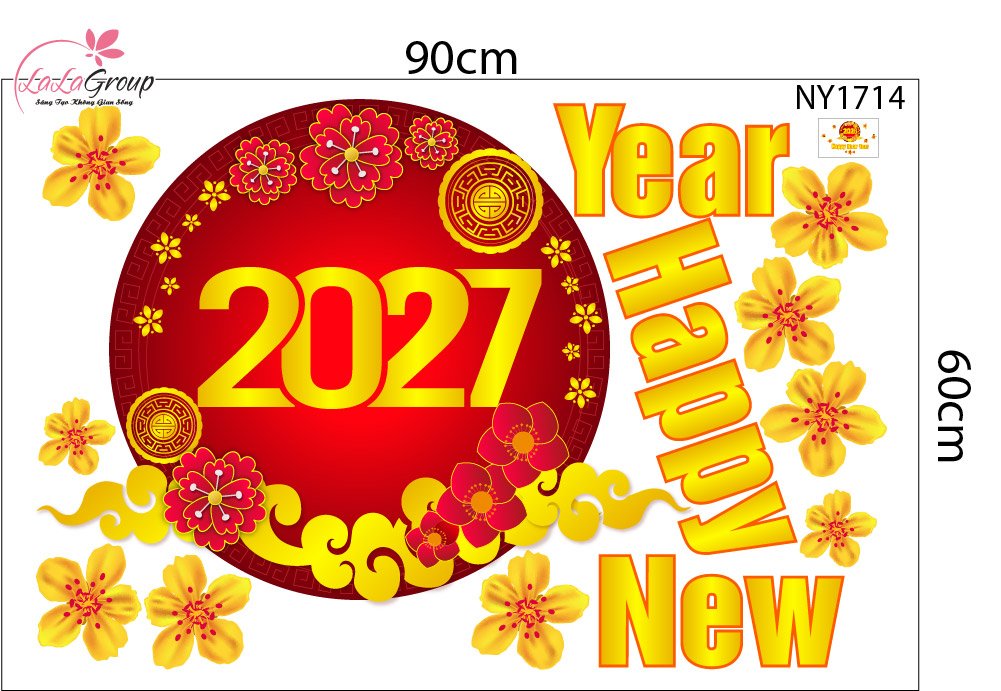 Decal Trang Tr&iacute; Tết Happy New Year 2027 V&agrave; Mai V&agrave;ng