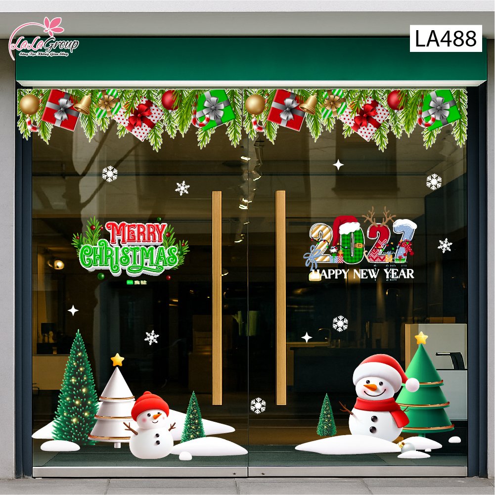 Combo Decal Trang Tr&iacute; Noel Hai Người Tuyết V&agrave; Những C&acirc;y Th&ocirc;ng Xanh