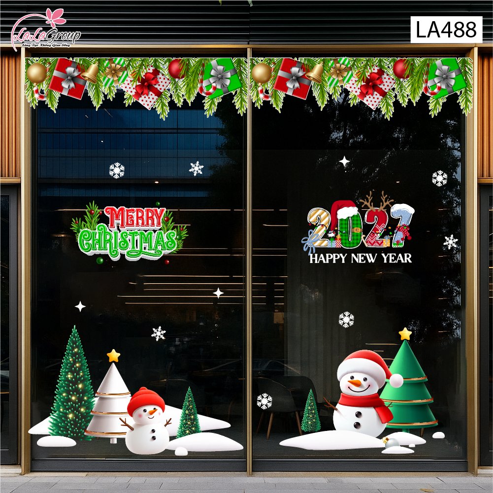 Combo Decal Trang Tr&iacute; Noel Hai Người Tuyết V&agrave; Những C&acirc;y Th&ocirc;ng Xanh