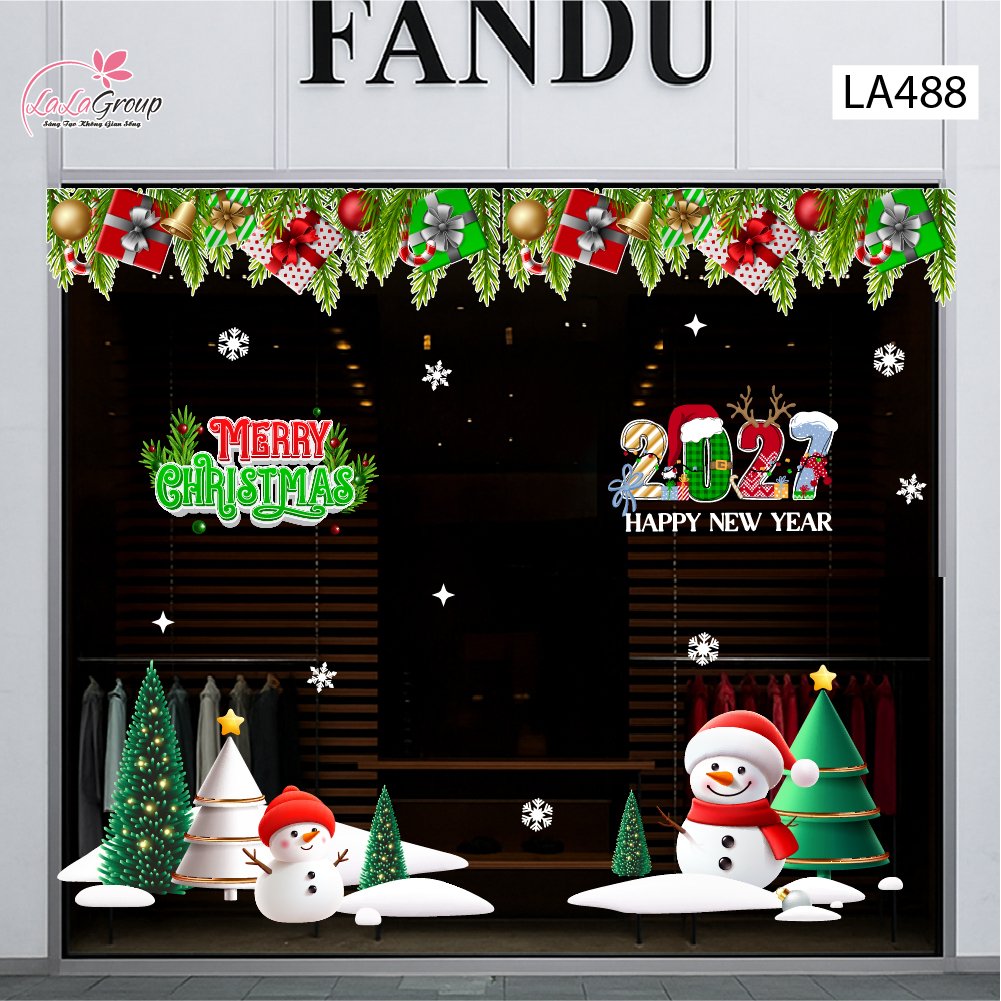 Combo Decal Trang Tr&iacute; Noel Hai Người Tuyết V&agrave; Những C&acirc;y Th&ocirc;ng Xanh