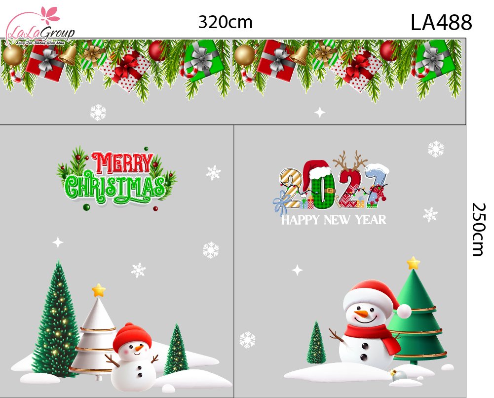 Combo Decal Trang Tr&iacute; Noel Hai Người Tuyết V&agrave; Những C&acirc;y Th&ocirc;ng Xanh