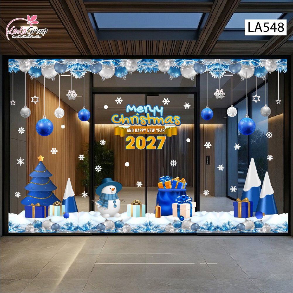 Combo Decal Trang Tr&iacute; Noel Người Tuyết V&agrave; C&acirc;y Th&ocirc;ng Xanh Dương