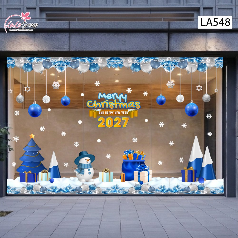 Combo Decal Trang Tr&iacute; Noel Người Tuyết V&agrave; C&acirc;y Th&ocirc;ng Xanh Dương