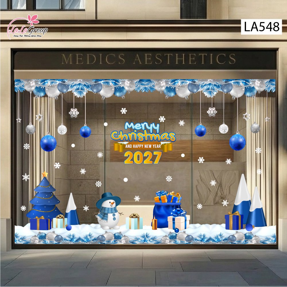 Combo Decal Trang Tr&iacute; Noel Người Tuyết V&agrave; C&acirc;y Th&ocirc;ng Xanh Dương