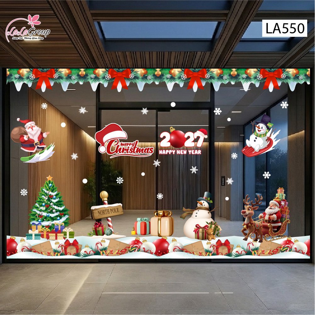 Combo Decal Trang Tr&iacute; Noel &Ocirc;ng Gi&agrave; Noel Cưỡi Tuần Lộc V&agrave; Người Tuyết Vui Nhộn