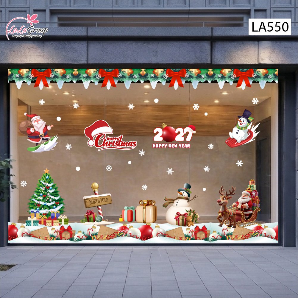 Combo Decal Trang Tr&iacute; Noel &Ocirc;ng Gi&agrave; Noel Cưỡi Tuần Lộc V&agrave; Người Tuyết Vui Nhộn