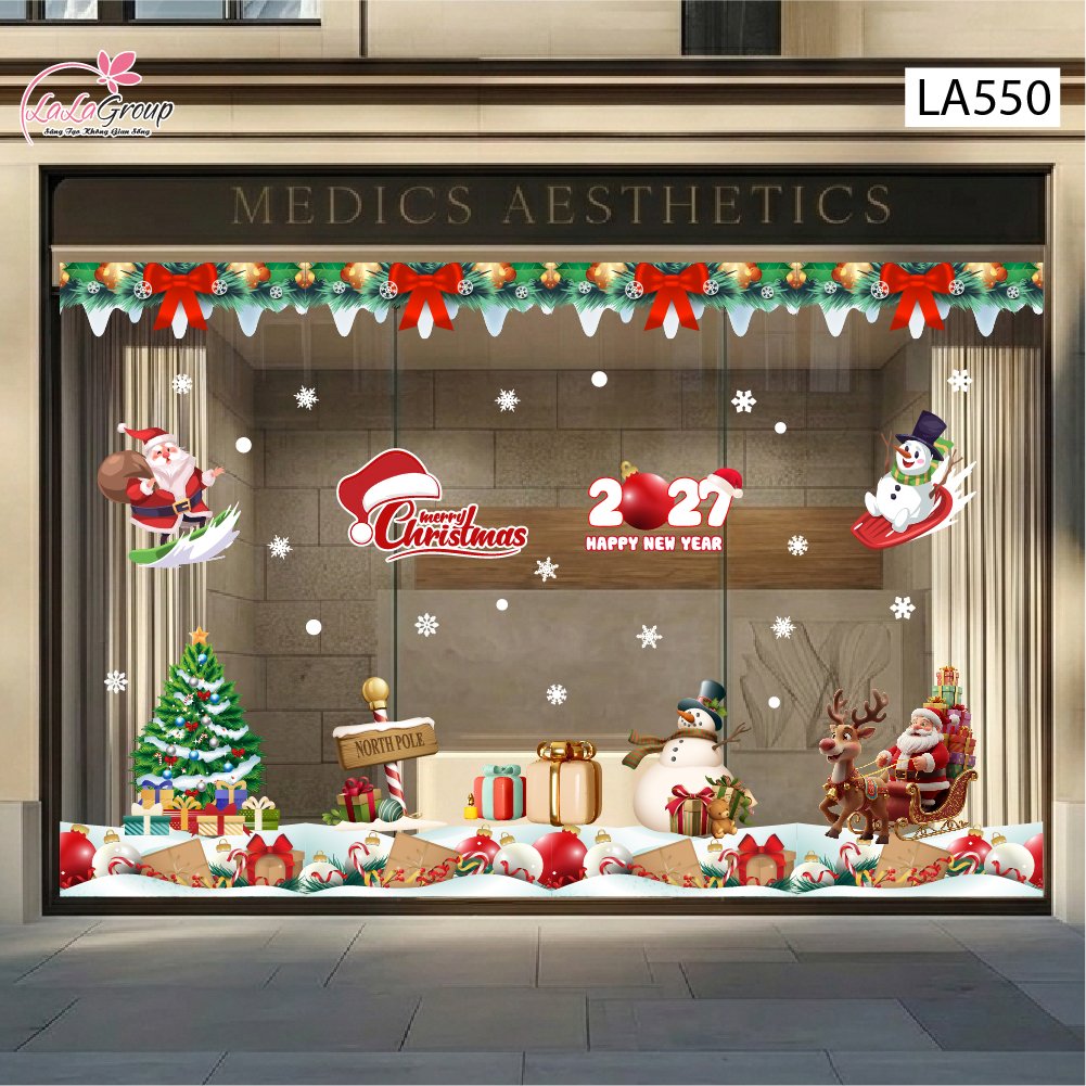 Combo Decal Trang Tr&iacute; Noel &Ocirc;ng Gi&agrave; Noel Cưỡi Tuần Lộc V&agrave; Người Tuyết Vui Nhộn