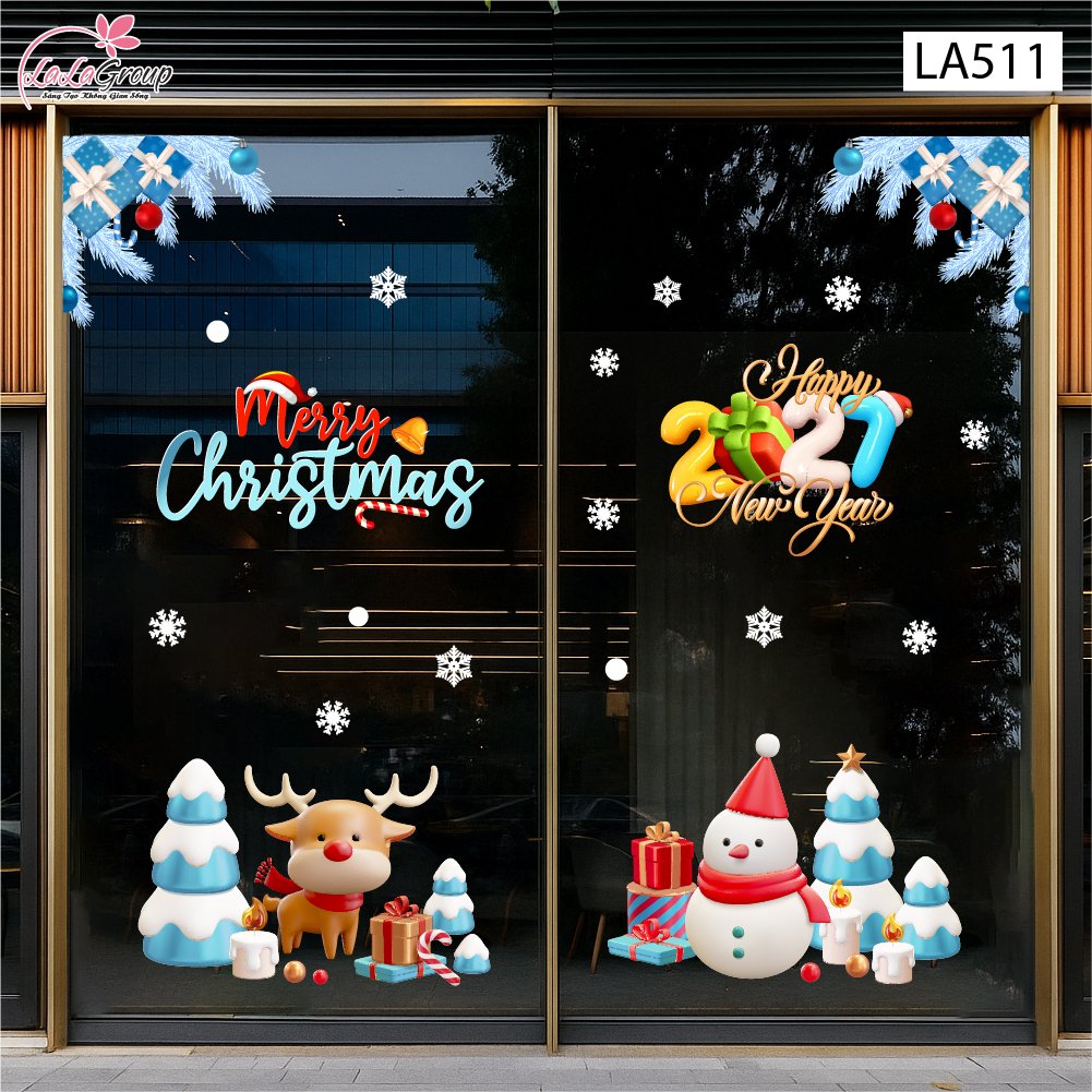 Combo Decal Trang Tr&iacute; Noel Người Tuyết V&agrave; Tuần Lộc C&ugrave;ng Những Phần Qu&agrave; Xinh Xắn