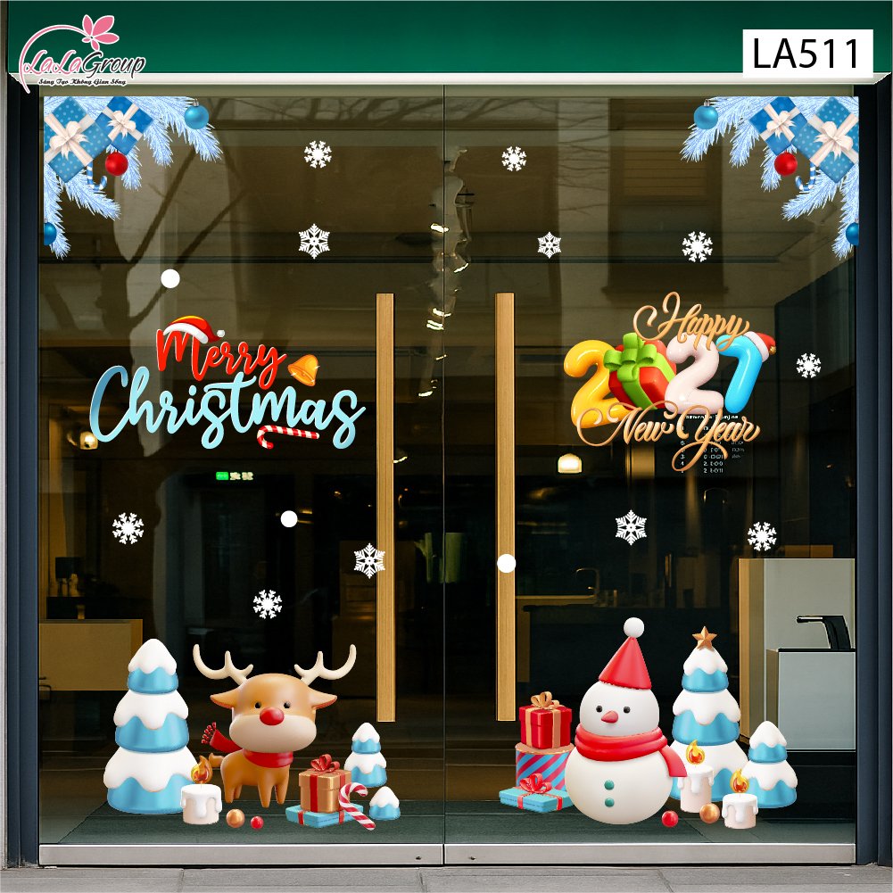 Combo Decal Trang Tr&iacute; Noel Người Tuyết V&agrave; Tuần Lộc C&ugrave;ng Những Phần Qu&agrave; Xinh Xắn