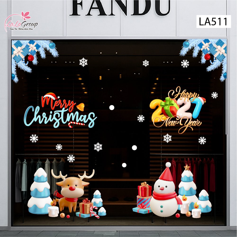 Combo Decal Trang Tr&iacute; Noel Người Tuyết V&agrave; Tuần Lộc C&ugrave;ng Những Phần Qu&agrave; Xinh Xắn