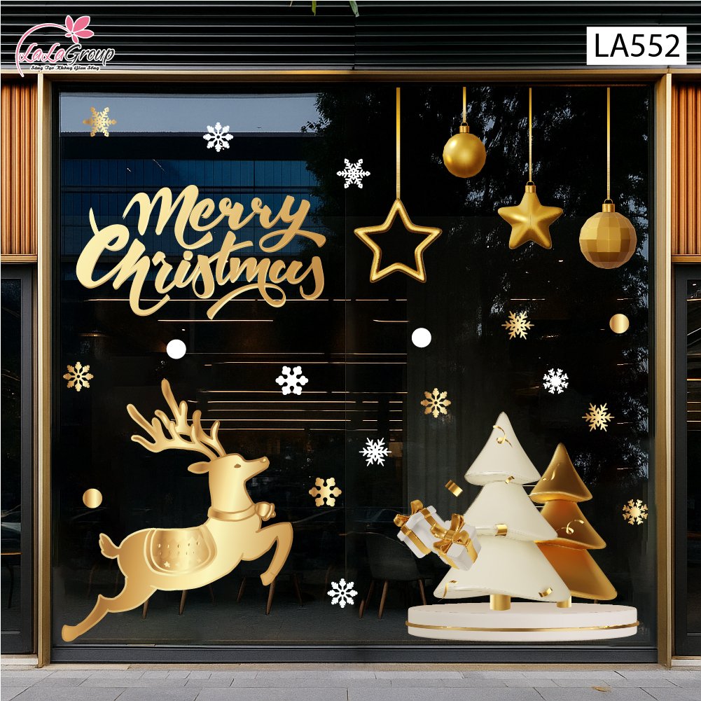 Combo Decal Trang Tr&iacute; Noel Tuần Lộc V&agrave; C&acirc;y Th&ocirc;ng Tone V&agrave;ng Gold Sang Trọng