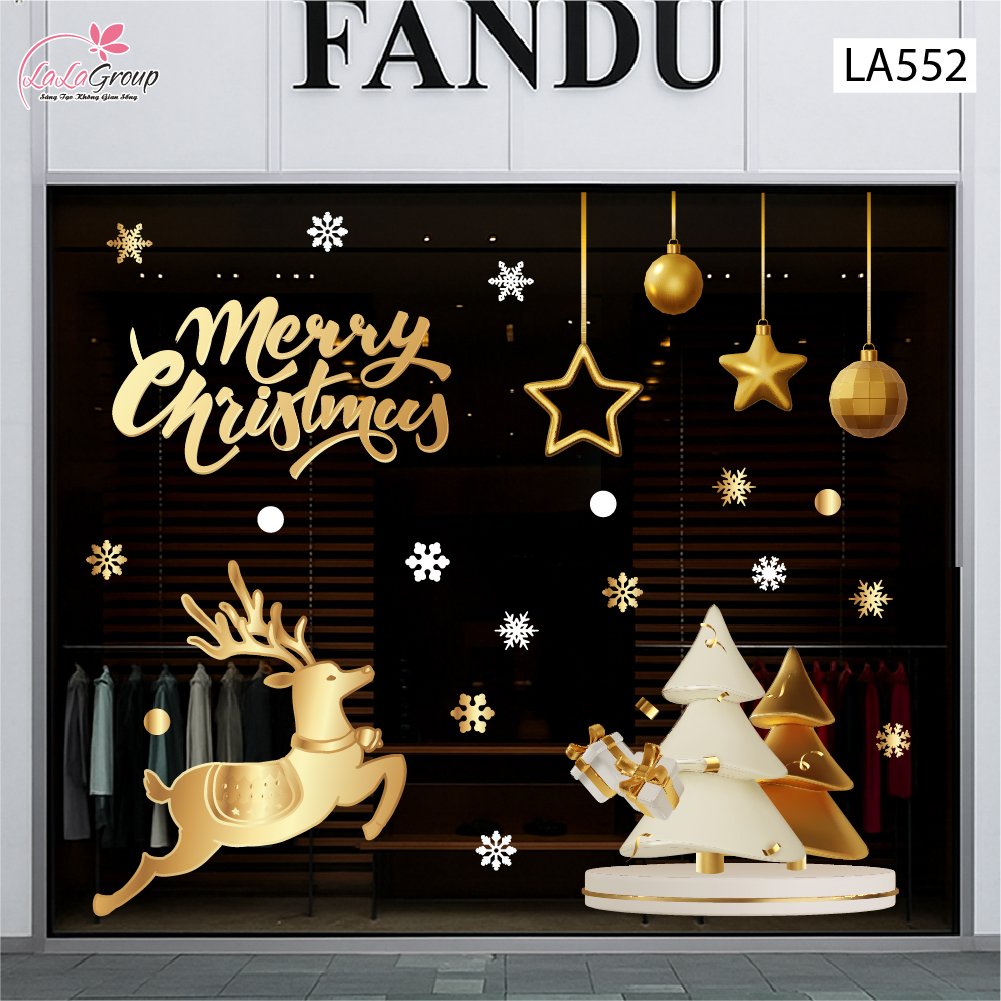 Combo Decal Trang Tr&iacute; Noel Tuần Lộc V&agrave; C&acirc;y Th&ocirc;ng Tone V&agrave;ng Gold Sang Trọng
