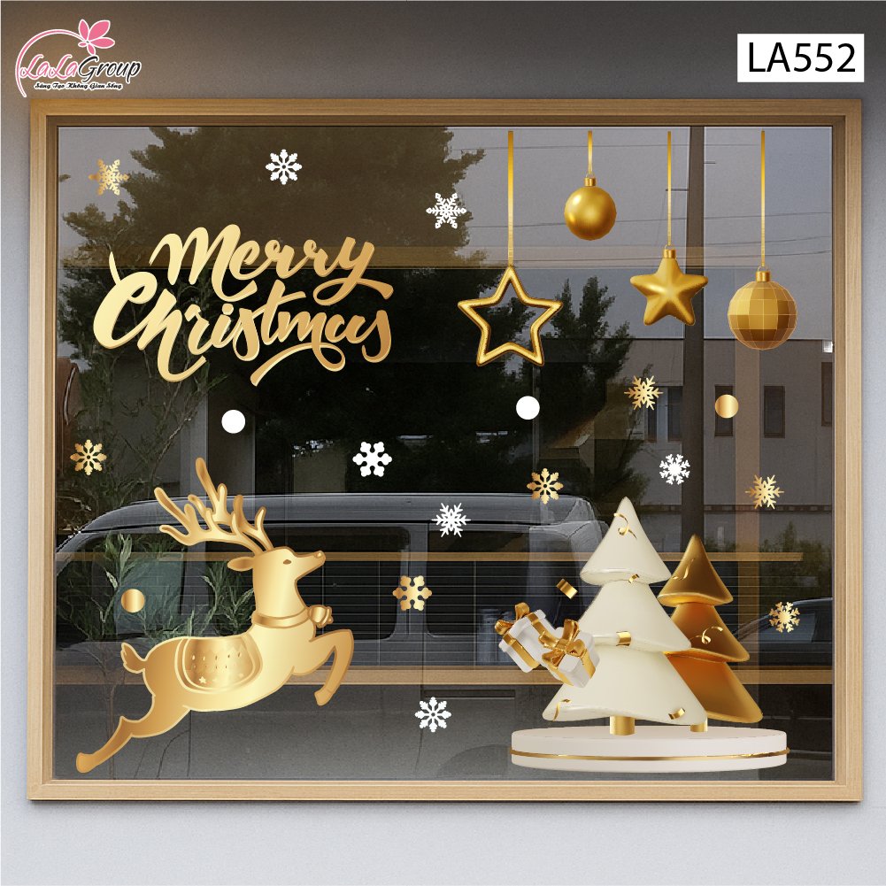 Combo Decal Trang Tr&iacute; Noel Tuần Lộc V&agrave; C&acirc;y Th&ocirc;ng Tone V&agrave;ng Gold Sang Trọng