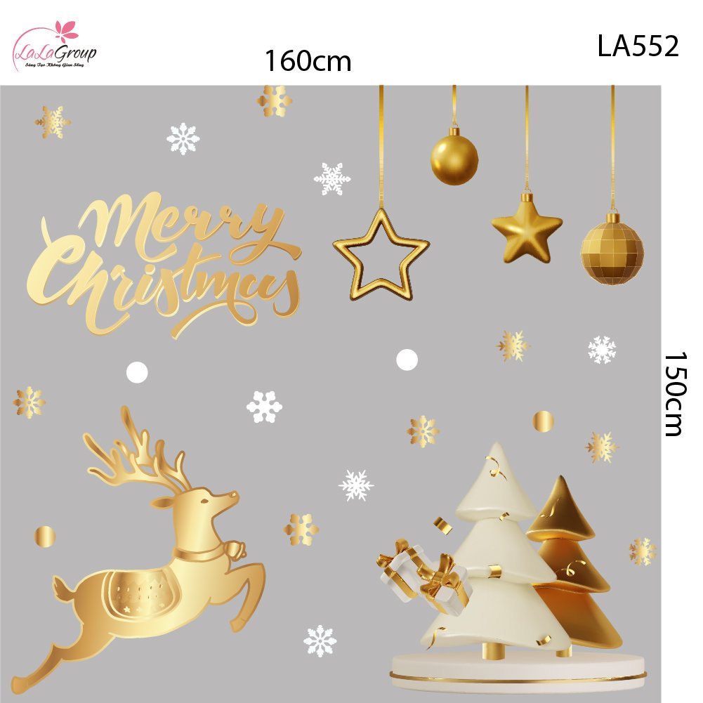 Combo Decal Trang Tr&iacute; Noel Tuần Lộc V&agrave; C&acirc;y Th&ocirc;ng Tone V&agrave;ng Gold Sang Trọng