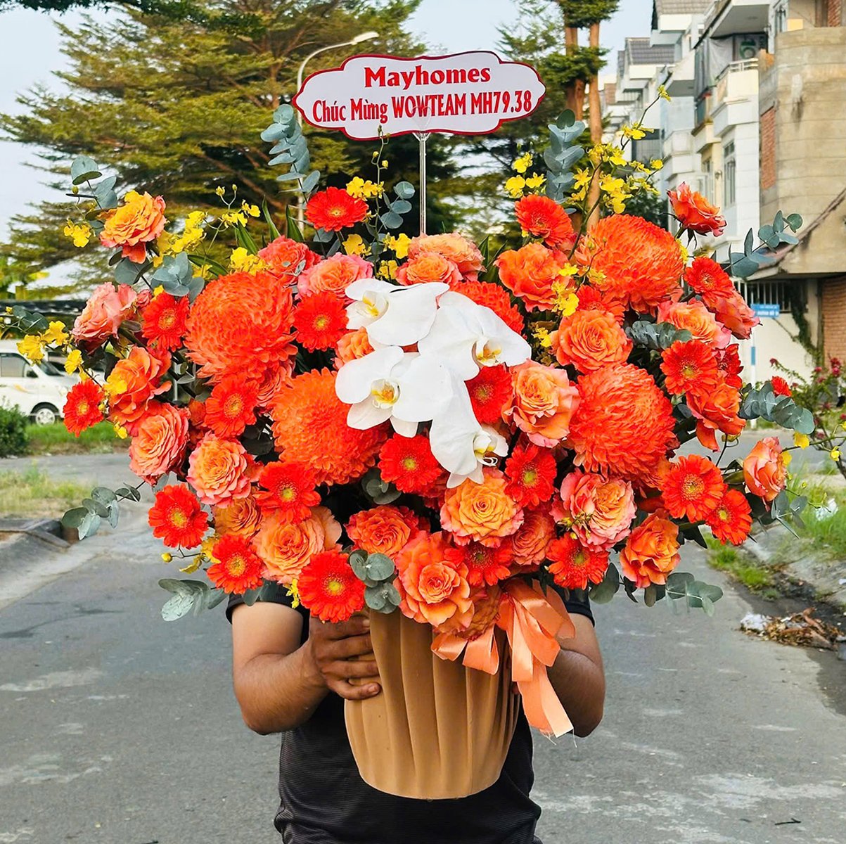 Chậu Hoa C&uacute;c Mẫu Đơn Tone Cam Mix Hoa Lan Trắng Sang Trọng