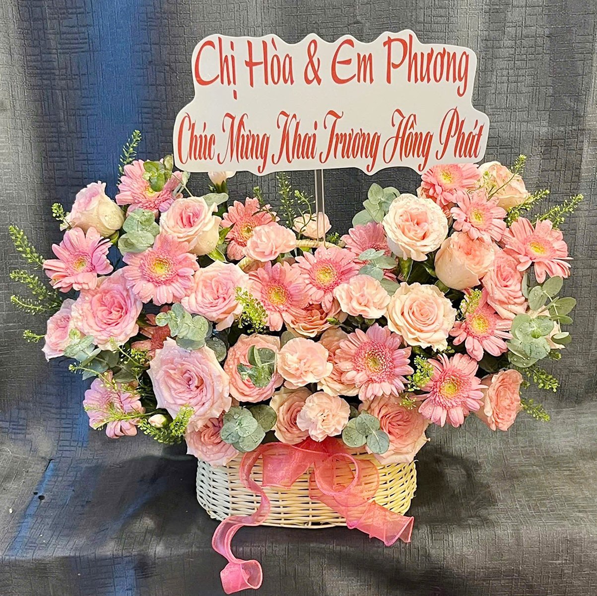 Giỏ Hoa Hồng Pastel Mix Hoa Đồng Tiền Hồng Xinh Xắn