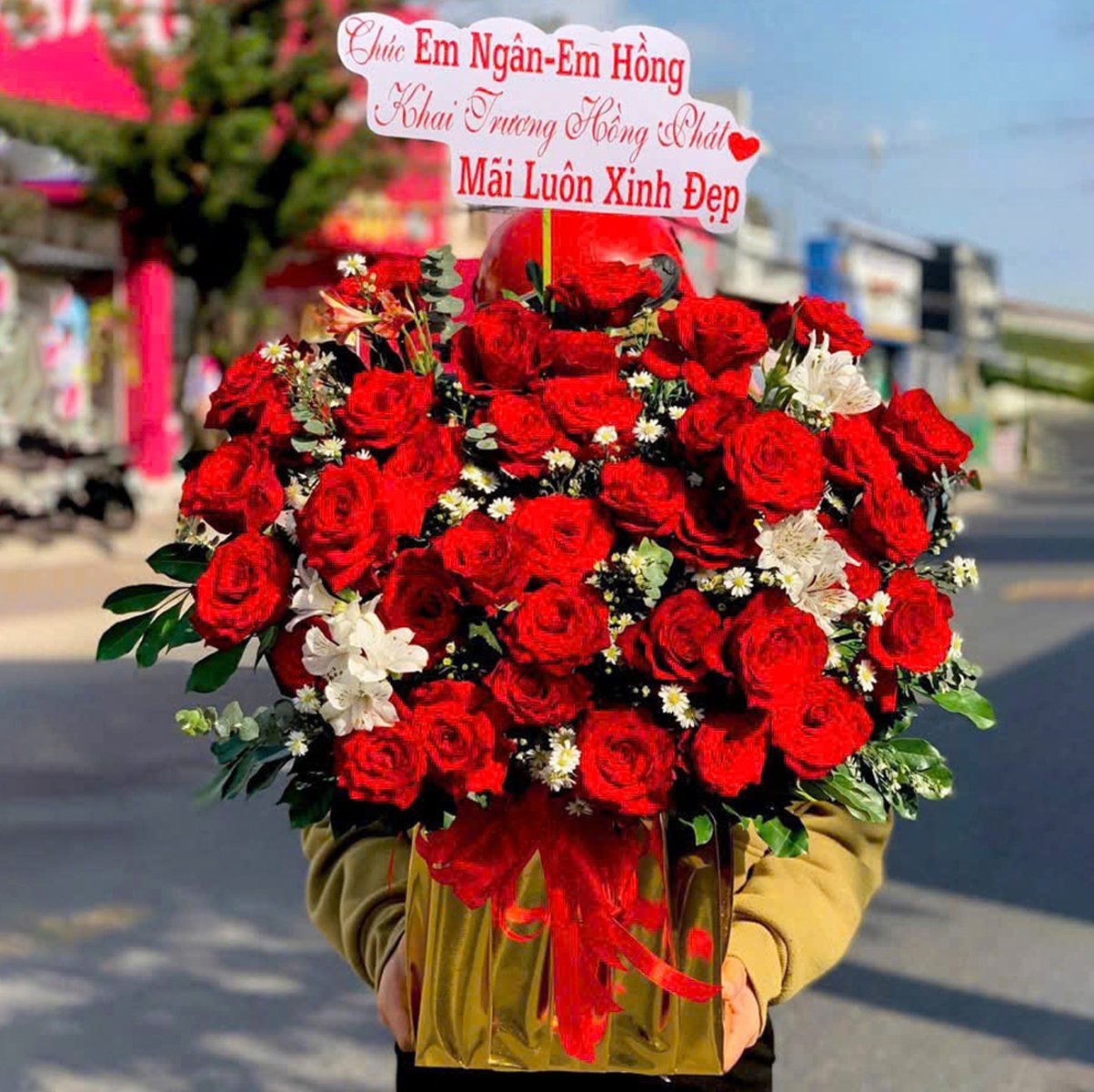 Chậu Hoa Hồng Đỏ Mix Hoa C&uacute;c Họa Mi Lung Linh Rực Rỡ