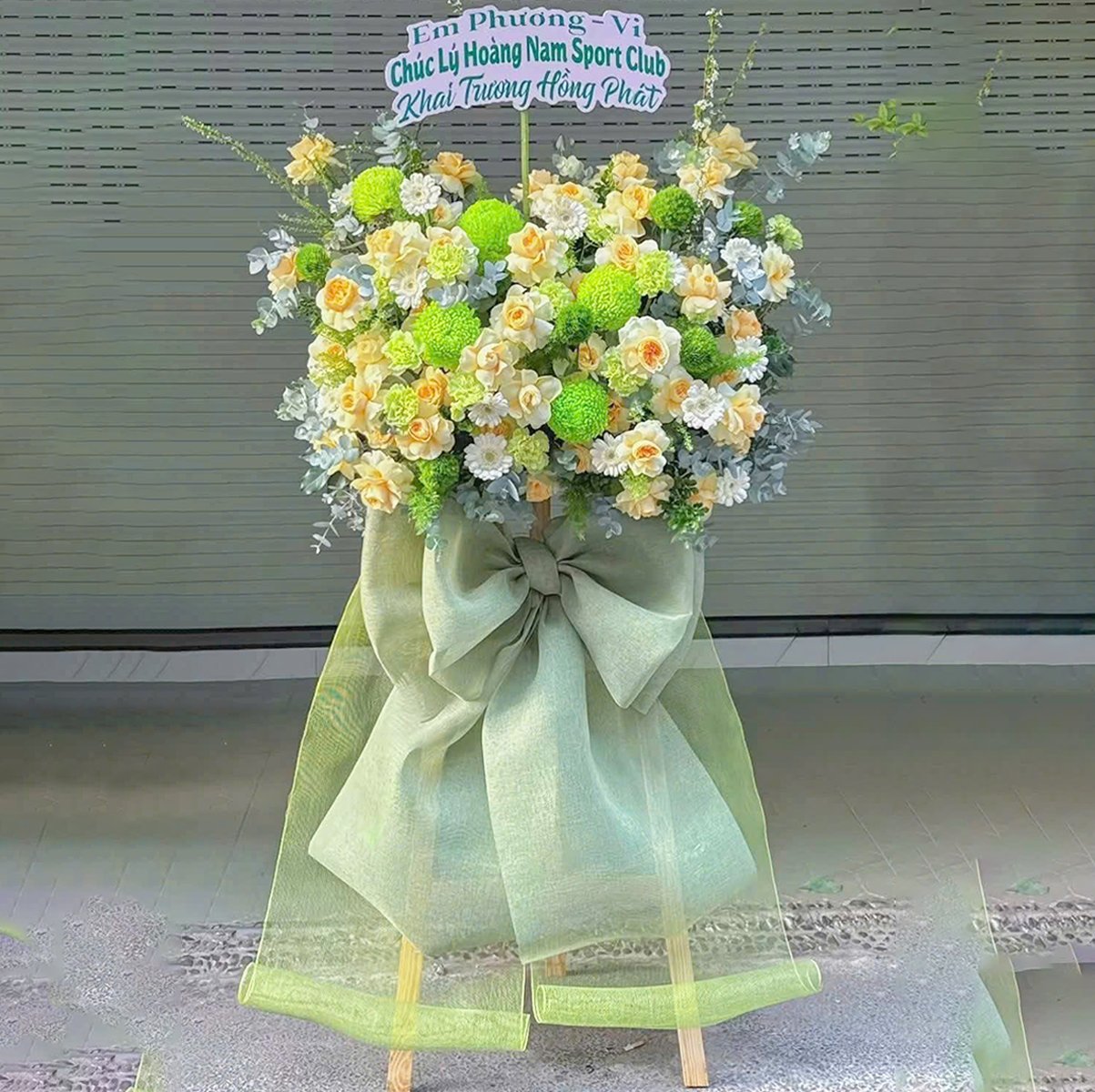 Hoa Khai Trương Mix Nơ Lưới Xanh L&aacute; Thanh Lịch