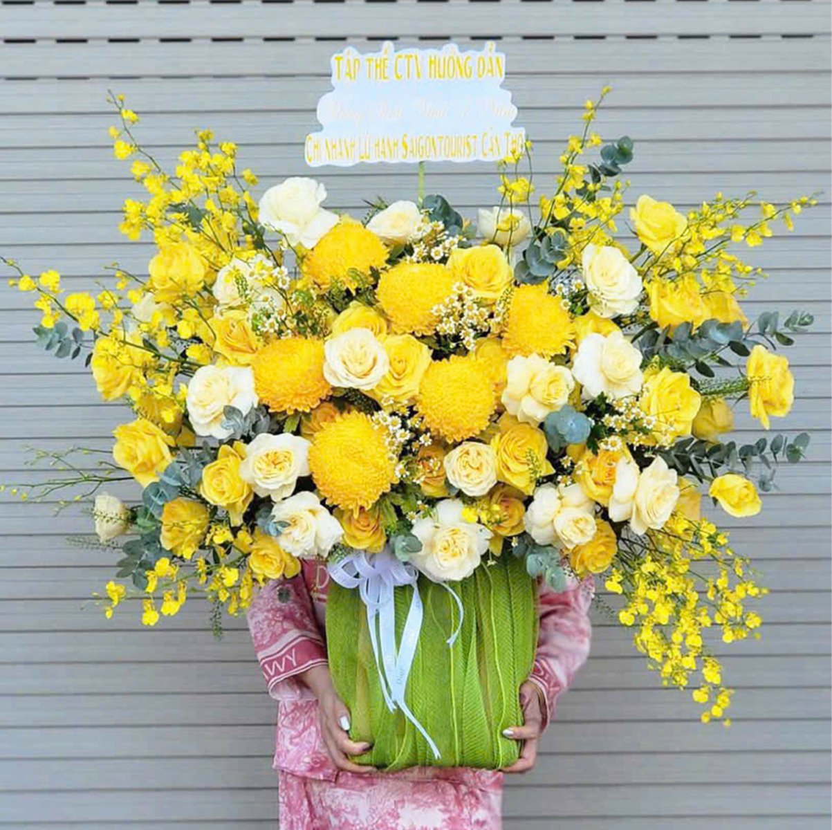 Chậu Hoa C&uacute;c Mẫu Đơn V&agrave;ng Rực Rỡ Mix Lan Vũ Nữ Thanh Lịch