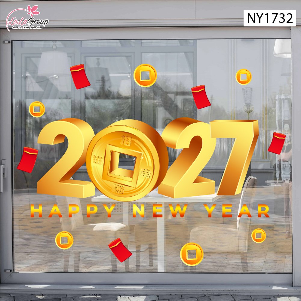 Decal trang tr&iacute; tết happy new year 2027 l&igrave; x&igrave; đỏ tiền t&agrave;i thịnh vượng
